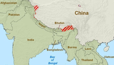 Vùng Aksai Chin và Arunachal Pradesh (phần gạch đỏ) tranh chấp giữa Ấn Độ và Trung Quốc