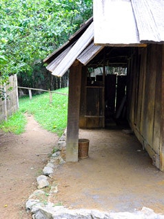 Nhà người H'Mông làm bằng gỗ nhưng lợp tranh, riêng ở huyện Mù Căng Chải, tỉnh Yên Bái lại có nét độc đáo riêng biệt là toàn bộ nhà được làm bằng gỗ pơmu. Tiến sĩ Vi Văn An đã trực tiếp tìm kiếm, đưa ngôi nhà này từ bản Đề Chờ Chua, xã Púng Luông về dựng tại Bảo tàng từ năm 1999. Mặt trước... ...và mặt sau ngôi nhà Mặt bên trái, thường là nơi để nước sinh hoạt Mặt bên phải, nhà người H'Mông thường để Cối xay ngô Theo tiến sĩ Vi Văn An, bảo tàng đã sử dụng tới khảng gần 700 tấm gỗ để lợp lại toàn bộ phần mái nhà chính, nhà nuôi gia súc, nhà lò rèn đúc lưỡi cày. Các tấm gỗ loại này phải tìm, đặt trước với người làng ở Púng Luông vì bây giờ người H'Mông đã lợp prôximăng. Nét độc đáo trong kiến trúc ngôi nhà của người H'Mông tương đối thống nhất theo một khuôn mẫu, dù to hay nhỏ đều phải có ba gian, nhà hầu như không có cửa sổ, chỉ có 2 cửa là cửa chính và cửa phụ dành cho phụ nữ. Điểm độc đáo này cho thấy sự thích ứng của người H'Mông ở vùng thời tiết lạnh Theo ông Lù Vàng Sa người dân tộc H'Mông cho biết đối với hai cây cột cái ở gian giữa và cây cái nóc, người H'Mông coi hai cây cột cái là cột chủ đạo trong nhà thể hiện sự ngay thẳng, cứng cáp, vững vàng của chủ nhà, nên cây cột phải là một cây rừng không bị sâu, thối, cụt ngọn Gian bên phải dùng để đặt giường khách... ...và bếp sưởi Gian bên trái dùng để đặt bếp nấu nướng... ...và buồng ngủ của vợ chồng gia chủ Gian giữa thường rộng hơn hai gian bên và là gian để bàn thờ tổ tiên, đồng thời cũng là nơi tiếp khách, ăn uống của gia đình. Chiếc Cối giã gạo... ...và đồ dùng đi làm nương thường được để hai bên góc của gian giữa ở cạnh cửa chính của ngôi nhà Chiếc máy dệt của người H'Mông Những đạo cụ âm nhạc của người H'Mông Trong đời sống hàng ngày, vui hay buồn, người H'Mông cũng mang khèn ra thổi. Người H'Mông thường thổi khèn khi xuống chợ, khi đi tìm người yêu và trong các lễ hội. Nhẩy Pao... ...đá Pao ...và đánh Cầu lông gà thường xuất hiện vào mồng 1 Tết của người H'Mông Nhà nuôi gia súc... ... và nhà lò rèn đúc lưỡi cày của người H'Mông Sản phẩm lưỡi cày của người H'Mông
