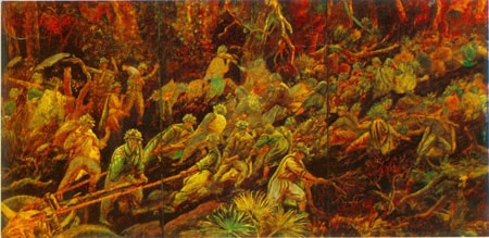 Kéo pháo ở Điện Biên Phủ, 1957 Sơn mài của Dương Hướng Minh