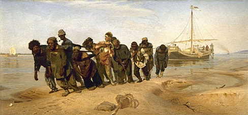 Những người kéo thuyền trên sông Volga, sơn dầu của Ilya Repin, kích thước 131.5cm x 281cm, đang lưu giữ tại Bảo tàng Quốc gia Nga, St Petersburg