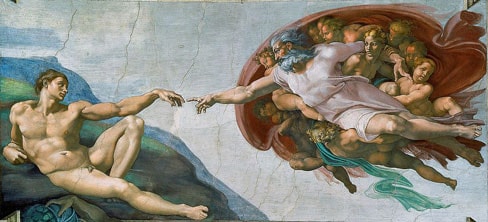 Chúa tạo ra Adam, bích họa trên trần nhà nguyện Sistine, Vatican, Rome, Italy, kích thước 280x570cm, Michelangelo vẽ năm 1512