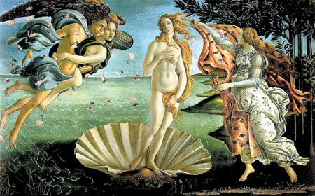 Sự ra đời của thần Vệ nữ, sáng tác năm 1486, tempera trên vải của Sandro Botticelli, hiện lưu tại bảo tàng Uffizi, Florence, Italy