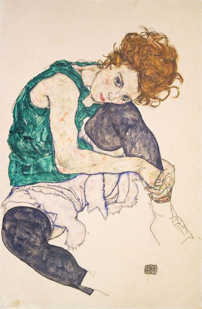 Người đàn bà ngồi bó gối (Seated Woman with Legs Drawn Up), sơn dầu của Egon Schiele, thuộc sưu tập của Bảo tàng Narodni, Cộng hòa Séc
