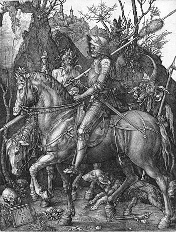 Hiệp sĩ, Thần chết và Quỷ dữ, Albrecht Durer, vẽ năm 1513, khắc kim loại, kích thước 24,6cm x18,9cm, hiện đang lưu tại Bảo tàng Boijmans van Beuningen, Hà Lan