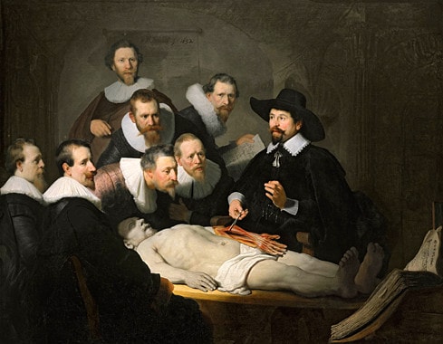 Giờ học giải phẫu của bác sĩ Tulp, sơn dầu của Rembrandt, sáng tác năm 1632, kích thước 216,5x169,5cm, hiện lưu giữ tại Bảo tàng Hague, Hà Lan