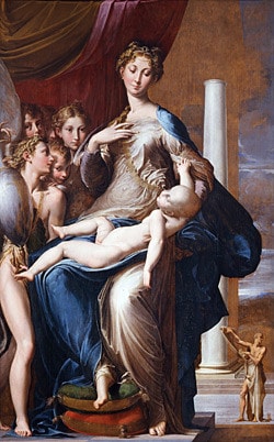 Đức Mẹ cổ thiên nga, sơn dầu trên gỗ của Parmigianino, khổ 132x215cm, đang lưu tại nhà thờ Uffizi, Florence, Italy.