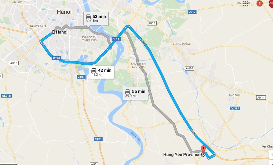Tuyến đường liên tỉnh Hà Nội-Hưng Yên chạy song song với Quốc lộ 5 Nguồn: Google Map