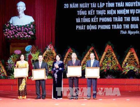Phó Chủ tịch nước Đặng Thị Ngọc Thịnh trao Huân chương cho các tập thể có thành tích xuất sắc. Ảnh: Thu Hằng - TTXVN