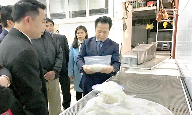 Trưởng ban Văn hóa - Xã hội HĐND TP Trần Thế Cương khảo sát tại một cơ sở làm bún trên địa bàn phường Phú Đô