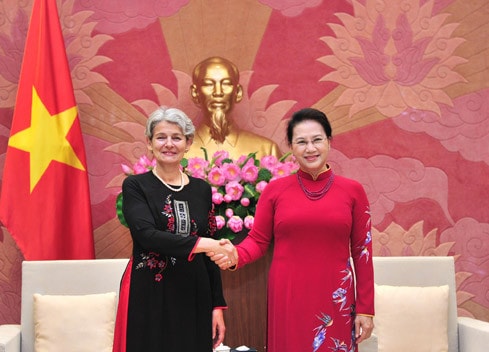 Chủ tịch Quốc hội Nguyễn Thị Kim Ngân chào mừng Tổng giám đốc UNESCO Irina Bokova tại buổi tiếp