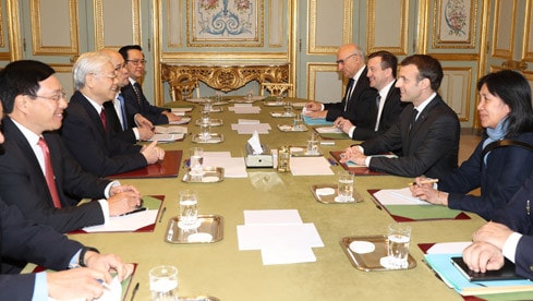 Tổng Bí thư Nguyễn Phú Trọng hội đàm với Tổng thống Pháp Emmanuel Macron Ảnh: Trí Dũng