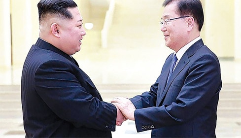 Nhà lãnh đạo Triều Tiên Kim Jong-un và quan chức Hàn Quốc Chung Eui-yong trong chuyến công du Triều Tiên hồi tháng 3 Nguồn: AFP