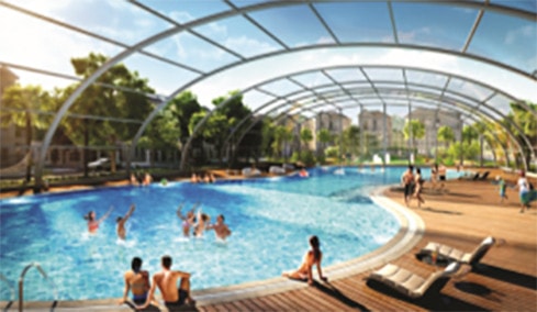 Bể bơi phong cách resort với thiết kế mái kính hiện đại - 1 trong những tiện ích mang đến cuộc sống sinh thái 4 mùa tại Vinhomes Star City (hình ảnh minh họa)