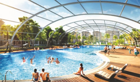 Bể bơi phong cách resort với thiết kế mái kính hiện đại - 1 trong những tiện ích mang đến cuộc sống sinh thái 4 mùa tại Vinhomes Star City (hình ảnh minh họa)