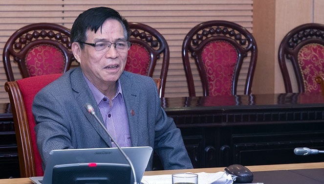 Giáo sư Hoàng Thế Liên, nguyên Thứ trưởng Bộ Tư pháp phát biểu tại Tọa đàm 5 năm thực hiện Hiến pháp 2013 - Những thành tựu lập pháp Ảnh: Duy Thông