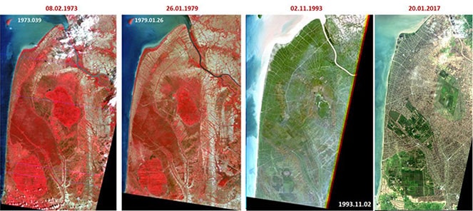 Ảnh vệ tinh Landsat vùng trũng treo U Minh vào các năm 1973, 1979, 1993 và 2017