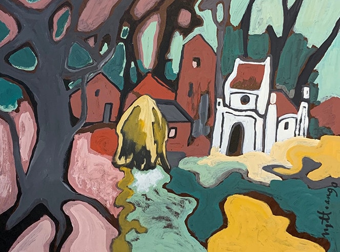 “Làng”, bột màu, 1990 “Ráng chiều”, sơn mài, 1989