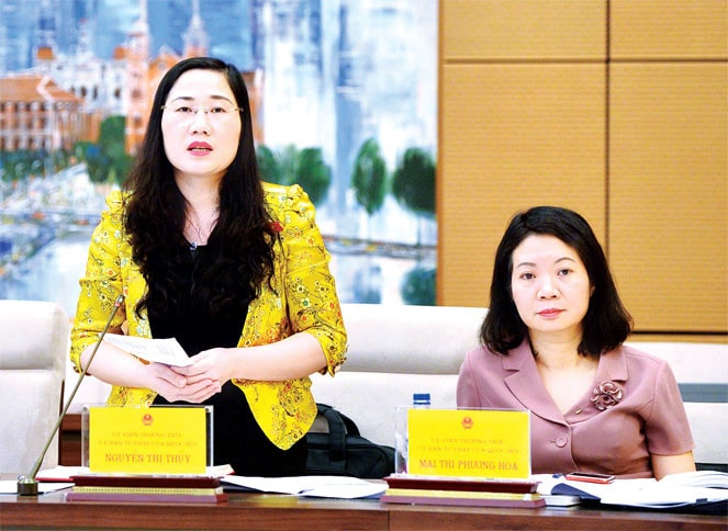 Ủy viên Thường trực Ủy ban Tư pháp Nguyễn Thị Thủy phát biểu tại phiên họp Ảnh: Hà An
