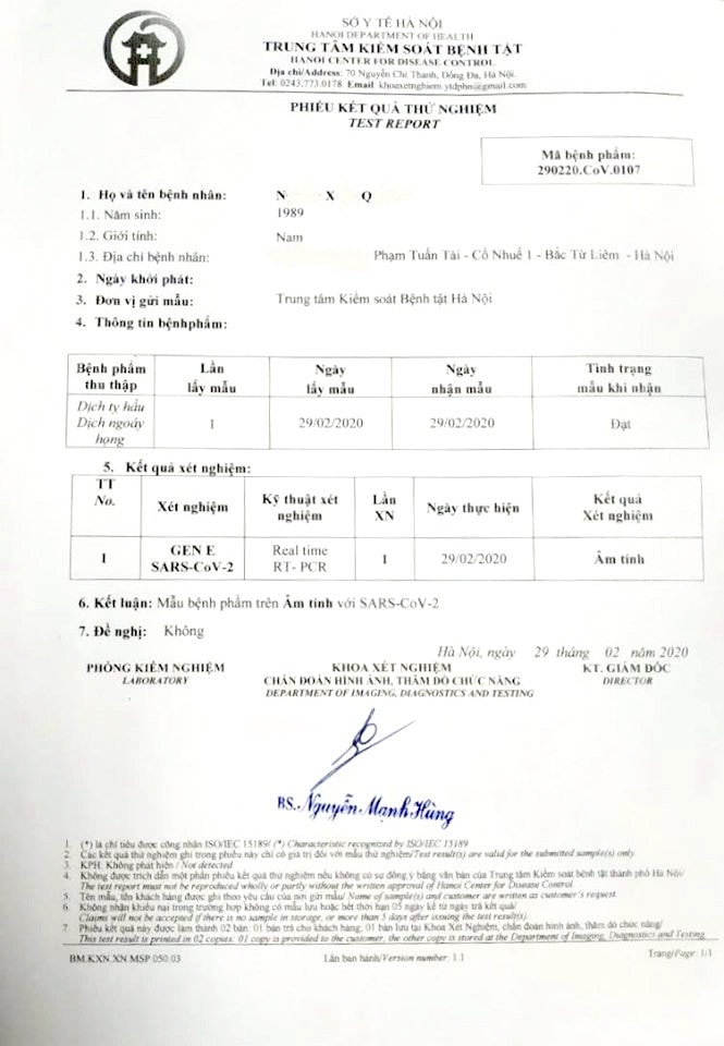 Kết quả xét nghiệm của ca tử vong tại quận Bắc Từ Liêm, Hà Nội âm tính với virus SARS-CoV-2.