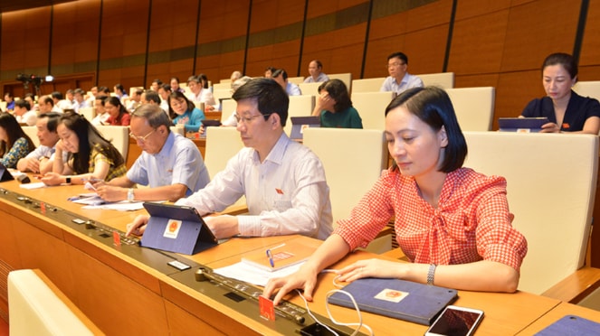 Đoàn Đại biểu Quốc hội tỉnh Hưng Yên biểu quyết thông qua Ảnh: Quang Khánh