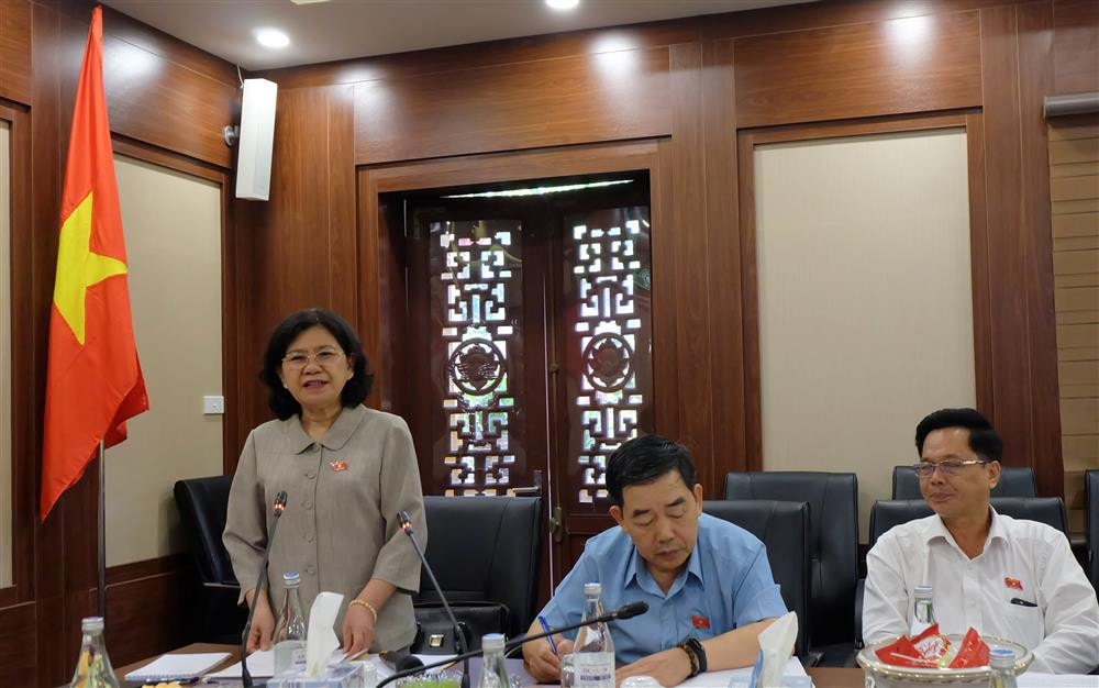 Phó Chủ nhiệm Ủy ban Văn hóa, Giáo dục, Thanh niên, Thiếu niên và Nhi đồng Hoàng Thị Hoa phát biểu tại buổi làm việc Phó Chủ nhiệm Ủy ban Hoàng Thị Hoa