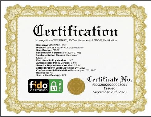 VOS của VinSmart đạt chứng nhận FIDO2 từ Liên minh Xác thực trực tuyến FIDO Alliance