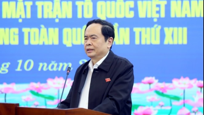 Bí thư Trung ương Đảng, Chủ tịch Ủy ban Trung ương MTTQ Việt Nam Trần Thanh Mẫn phát biểu tại Hội nghị. Ảnh: Quang Vinh