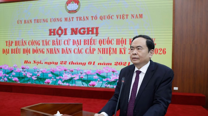 Chủ tịch Ủy ban Trung ương MTTQ Việt Nam Trần Thanh Mẫn phát biểu tại hội nghị. Ảnh: Quang Vinh