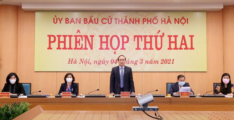 Chủ tịch HĐND thành phố, Chủ tịch Uỷ ban Bầu cử TP Hà Nội Nguyễn Ngọc Tuấn phát biểu tại Phiên họp thứ 2 Uỷ ban Bầu cử TP Hà Nội. Ảnh: P.Long