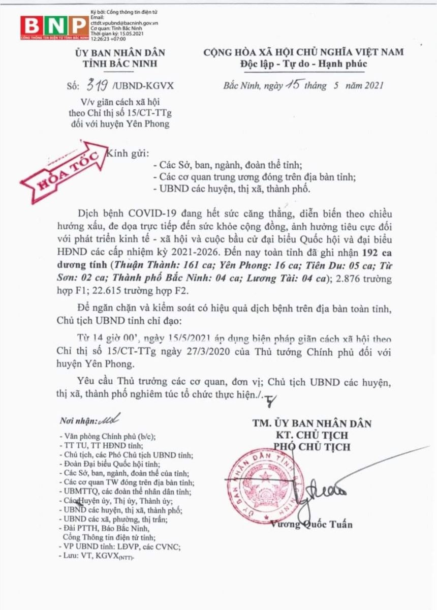 Bắc Ninh hỏa tốc giãn cách xã hội huyện Yên Phong 