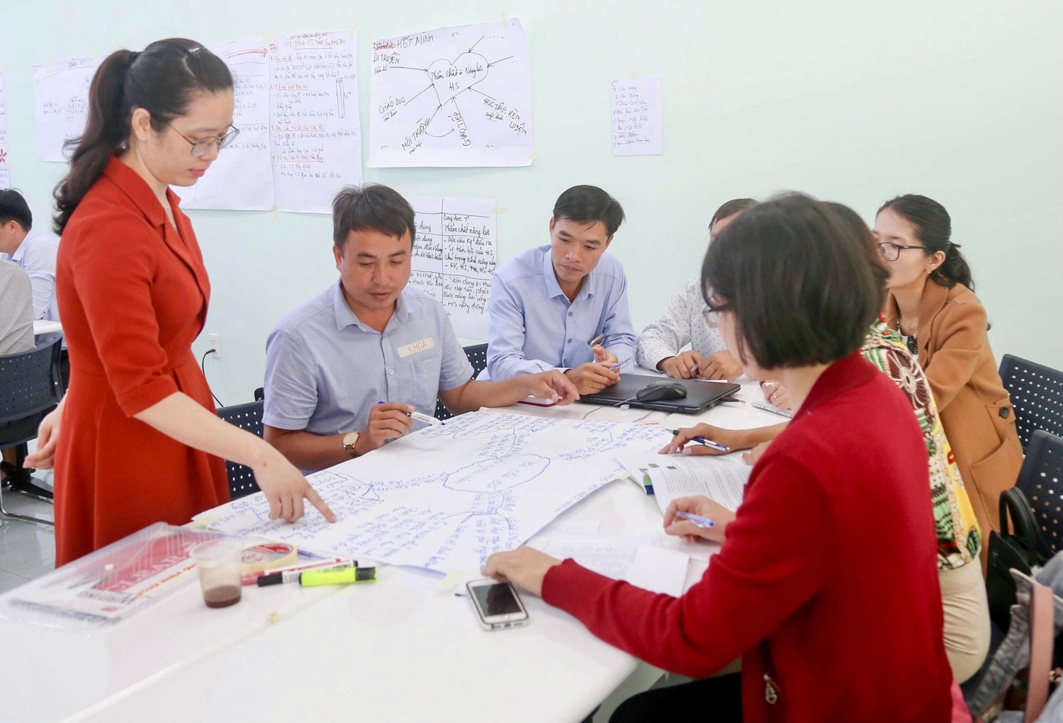 Các giáo viên cốt cán thảo luận nhóm, thực hành dưới sự hướng dẫn của giáo viên sư phạm
