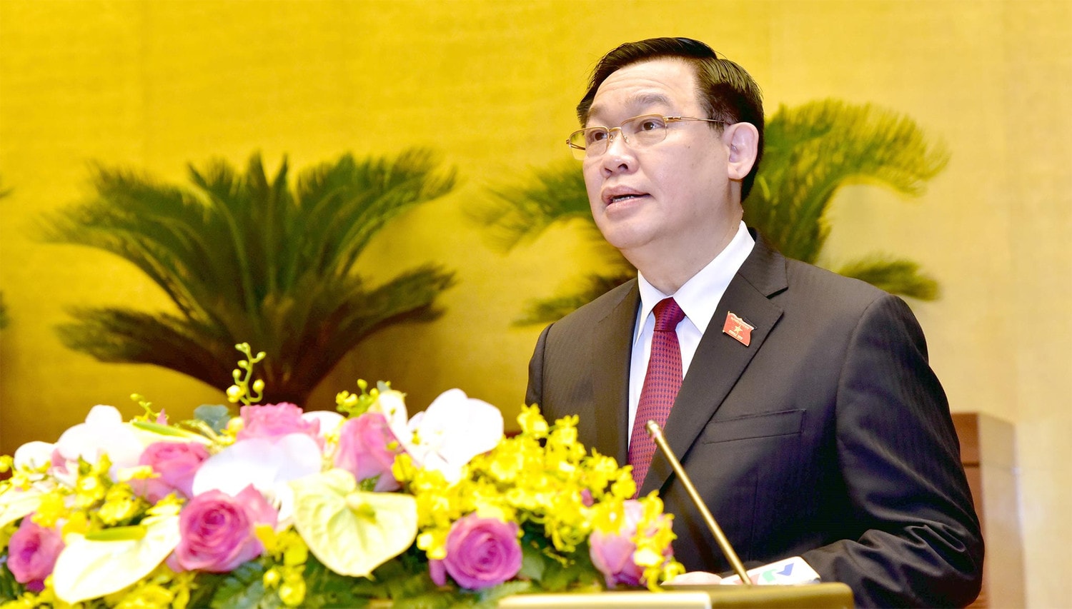 Ủy viên Bộ Chính trị, Chủ tịch Quốc hội, Chủ tịch Hội đồng Bầu cử quốc gia Vương Đình Huệ phát biểu tại Hội nghị Ảnh: Lâm Hiển