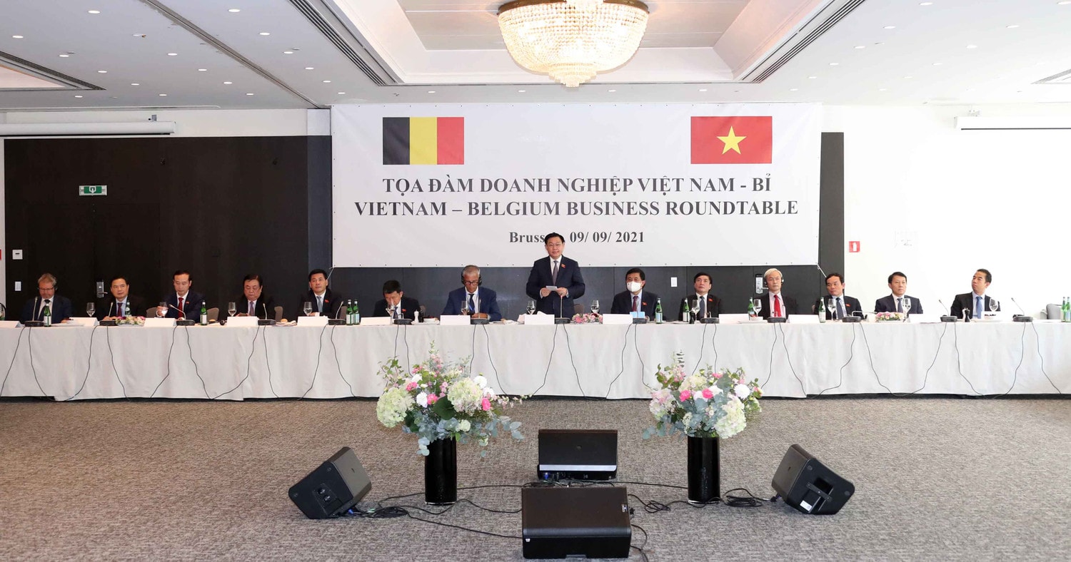 Chủ tịch Quốc hội Vương Đình Huệ và Đoàn đại biểu cấp cao Quốc hội Việt Nam tham dự Tọa đàm doanh nghiệp Việt Nam – Bỉ Ảnh: Doãn Tấn - TTXVN