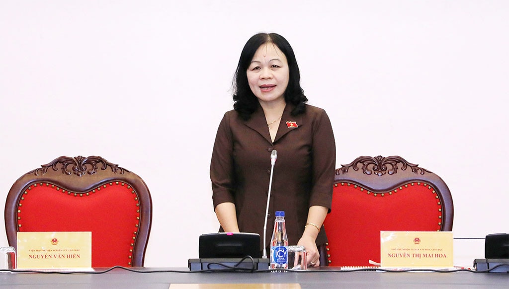 Phó Chủ nhiệm Ủy ban Văn hóa, Giáo dục, Chủ nhiệm Đề tài Nguyễn Thị Mai Hoa phát biểu tại hội thảo
