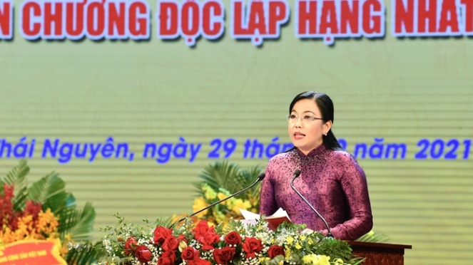 Bí thư Tỉnh ủy, Trưởng đoàn Đại biểu Quốc hội tỉnh Thái Nguyên Nguyễn Thanh Hải đọc diễn văn tại Lễ kỷ niệm