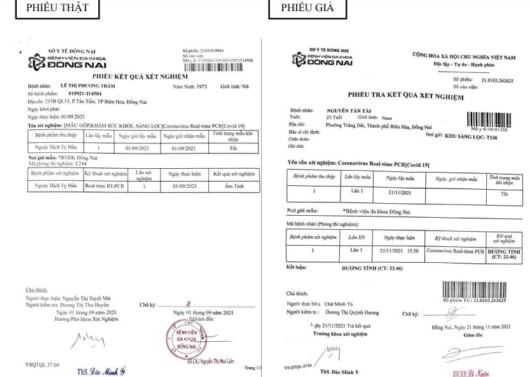 2 phiếu xét nghiệm Covid-19 thật (bên trái) và giả (bên phải) được Bệnh viện Đa khoa Đồng Nai phát hiện 