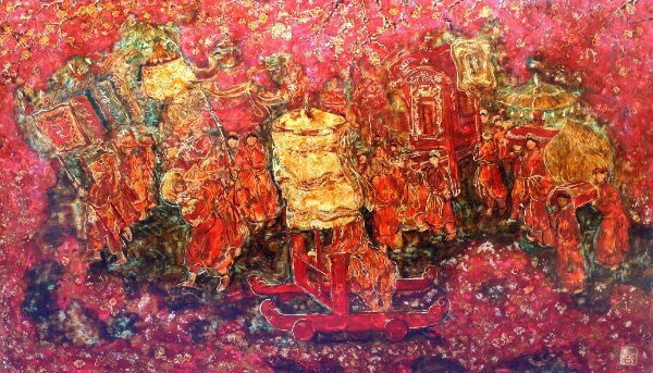 "Lễ rước thánh", 140x80cm, sơn mài của Nguyễn Tiến Ngọc