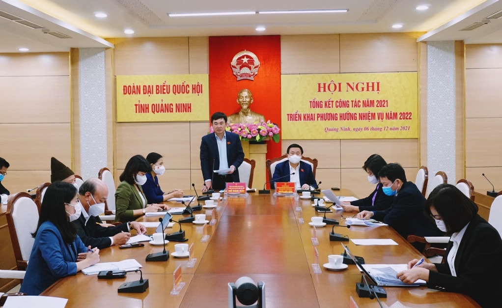 Phó Bí thư Thường trực Tỉnh ủy, Trưởng đoàn ĐBQH tỉnh Ngô Hoàng Ngân phát biểu tại hội nghị - ảnh: Q.M.G