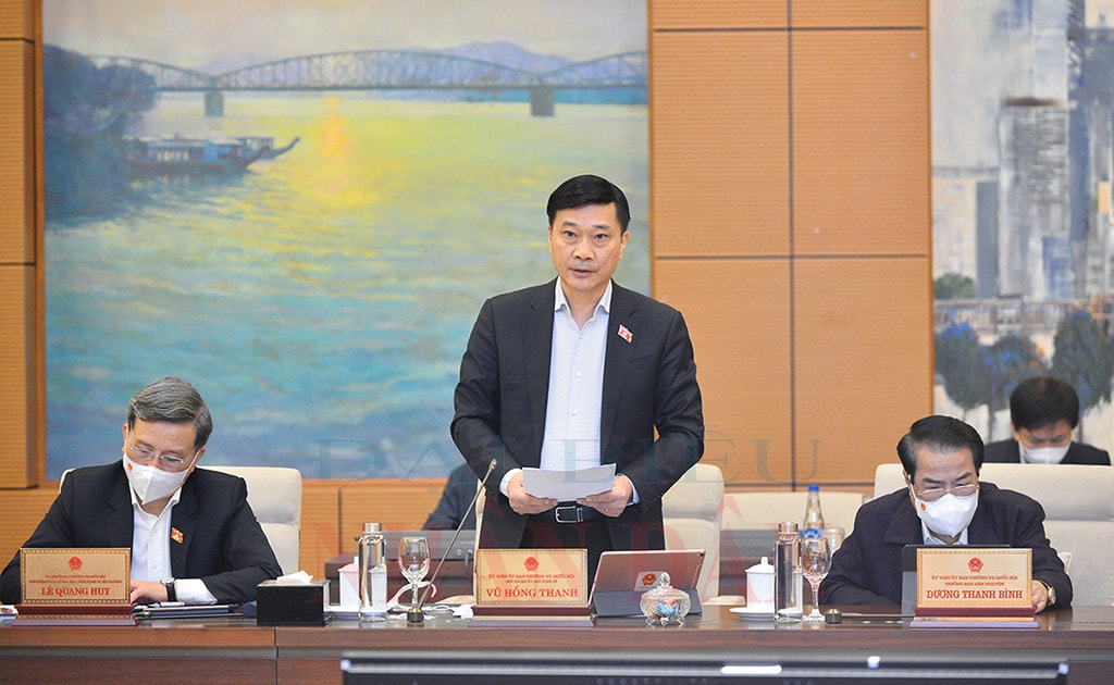 Chủ nhiệm Ủy ban Kinh tế Vũ Hồng Thanh trình bày báo cáo thẩm tra sơ bộ Dự án Ảnh: Lâm Hiển