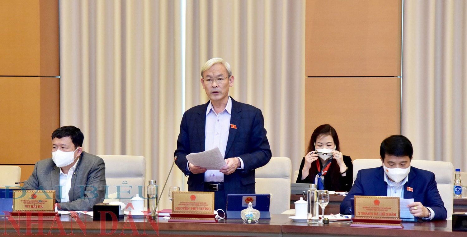 Chủ nhiệm Ủy ban Tài chính và Ngân sách Nguyễn Phú Cường trình bày Báo cáo thẩm tra dự thảo Nghị quyết Ảnh: Lâm Hiển
