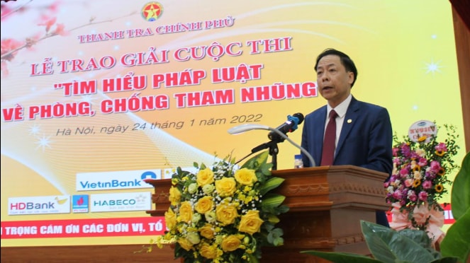 Phó Tổng Thanh tra Chính phủ, Trưởng Ban Tổ chức Cuộc thi Trần Ngọc Liêm phát biểu tại Lễ trao giải