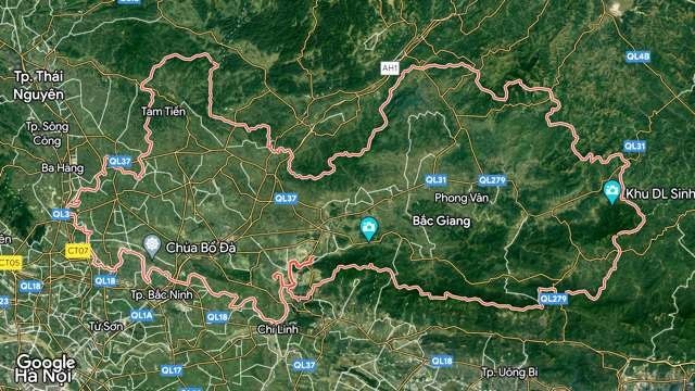 Địa hình Bắc Giang và vùng bao quanh (Google Maps)