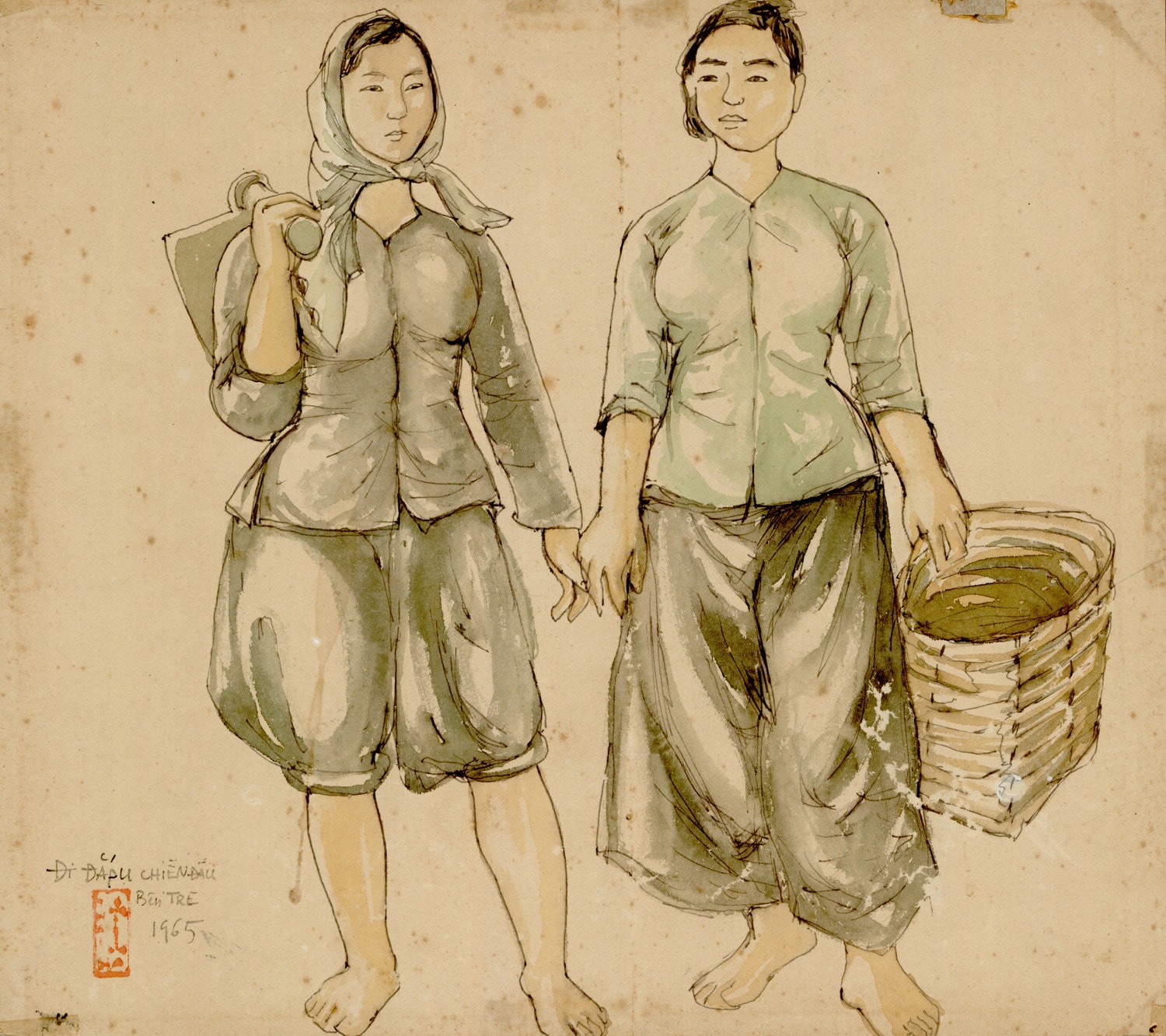 “Đi đắp ụ chiến đấu”, ký họa của họa sĩ Thái Hà, 1965