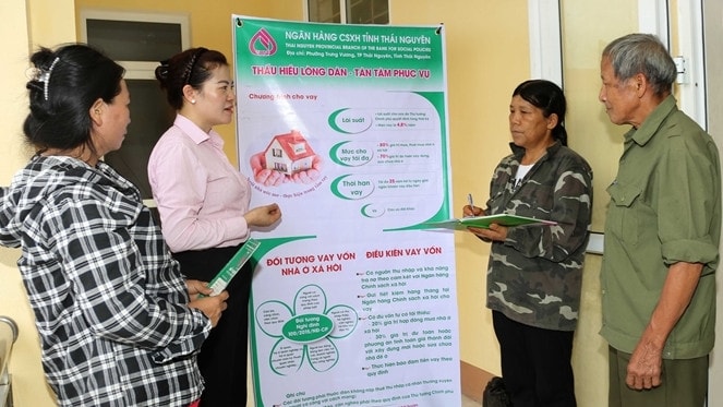 Ảnh 1: Giám đốc Phòng giao dịch NHCSXH Đồng Hỷ, Thái Nguyên (đầu tiên bên trái) hướng dẫn nghiệp vụ cho các Tổ trưởng Tổ tiết kiệm và Vay vốn. Ảnh: Đức Kiên