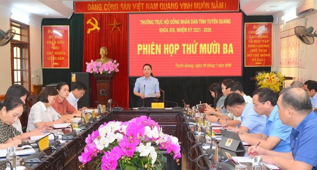 Phó Bí thư Thường trực Tỉnh ủy, Chủ tịch HĐND tỉnh Lê Thị Kim Dung chủ trì phiên họp - ẢNH NGỌC HƯNG