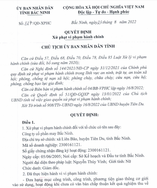 Công ty cổ phần may Bắc Ninh bất chấp pháp luật về phòng cháy chữa cháy -0