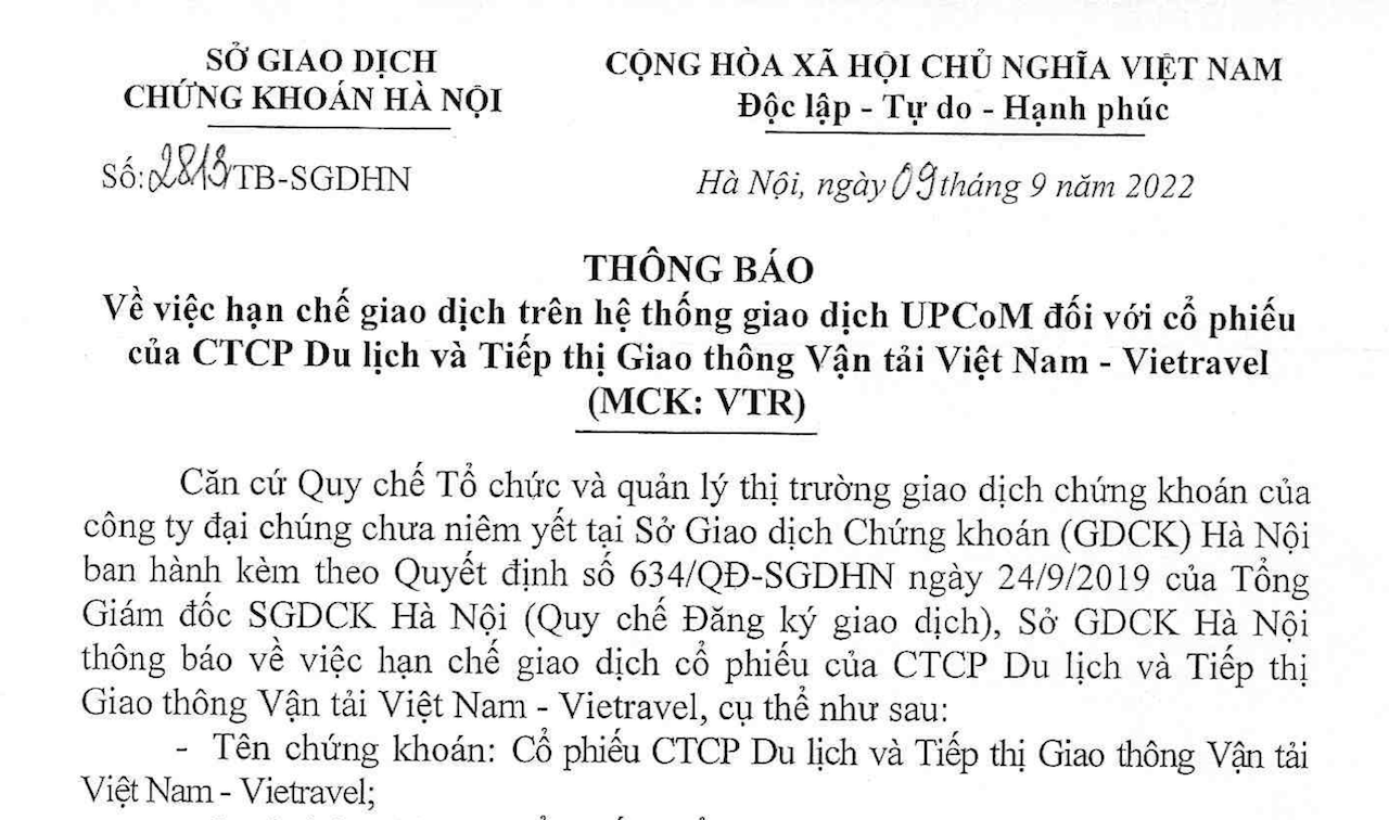 Cổ phiếu của Vietraver bị hạn chế giao dịch -0