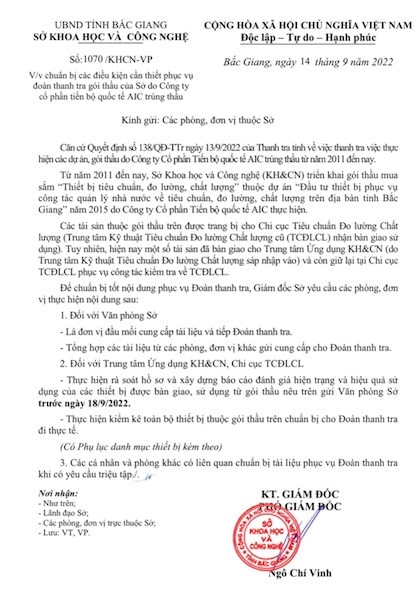 Bắc Giang: Thanh tra gói thầu do Công ty cổ phần tiến bộ quốc tế AIC trúng thầu
