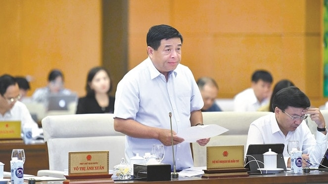 Bộ trưởng Bộ Kế hoạch và Đầu tư Nguyễn Chí Dũng trình bày Tờ trình dự án Luật tại phiên họp Ảnh: Hồ Long
