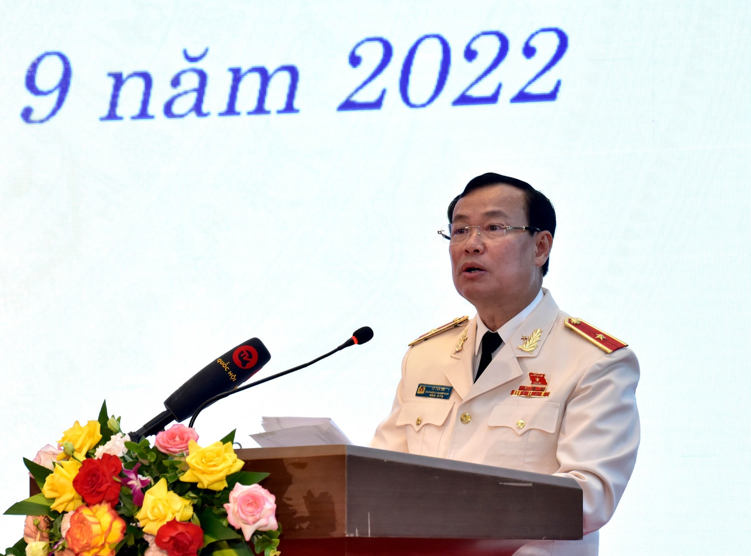 Chủ nhiệm Ủy ban Quốc phòng và An ninh, Thiếu tướng Lê Tấn Tới phát biểu. Ảnh: Lâm Hiển Chủ tịch Nước Nguyễn Xuân Phúc, Chủ tịch Quốc hội Vương Đình Huệ dự kỷ niệm 30 năm thành lập Ủy ban Quốc phòng và An ninh -0